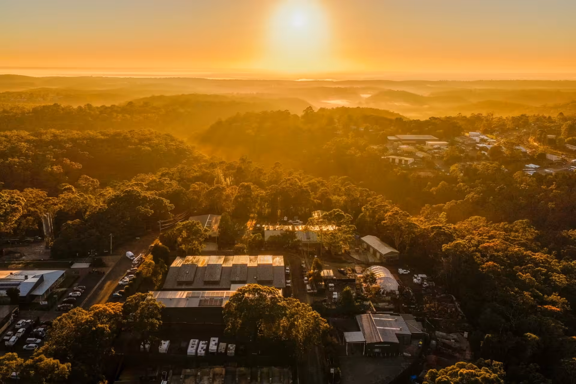 Aerial sunrise over forested town in golden light
