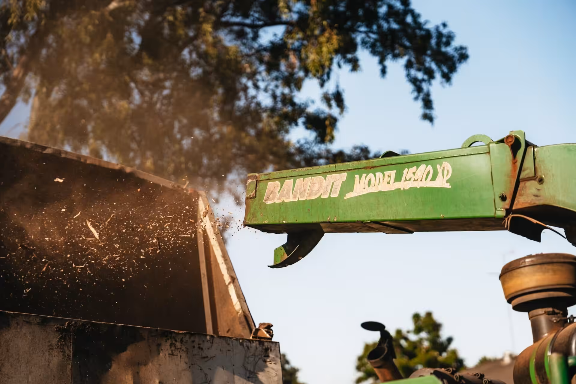 Green wood chipper blowing debris into truck