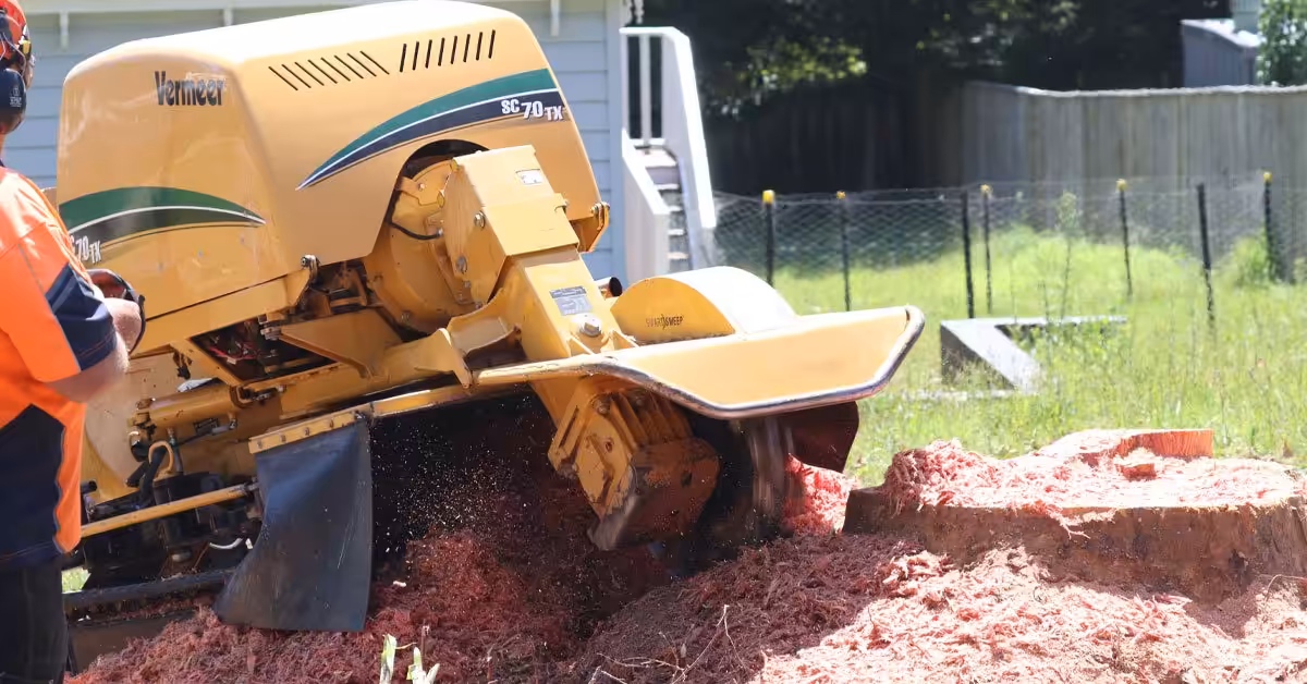 Stump grinder machine removing large tree stump
