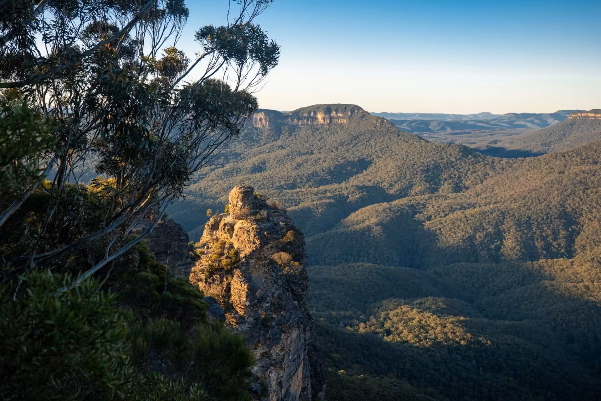 Rocky cliff overlooking forested mountain valley at sunset