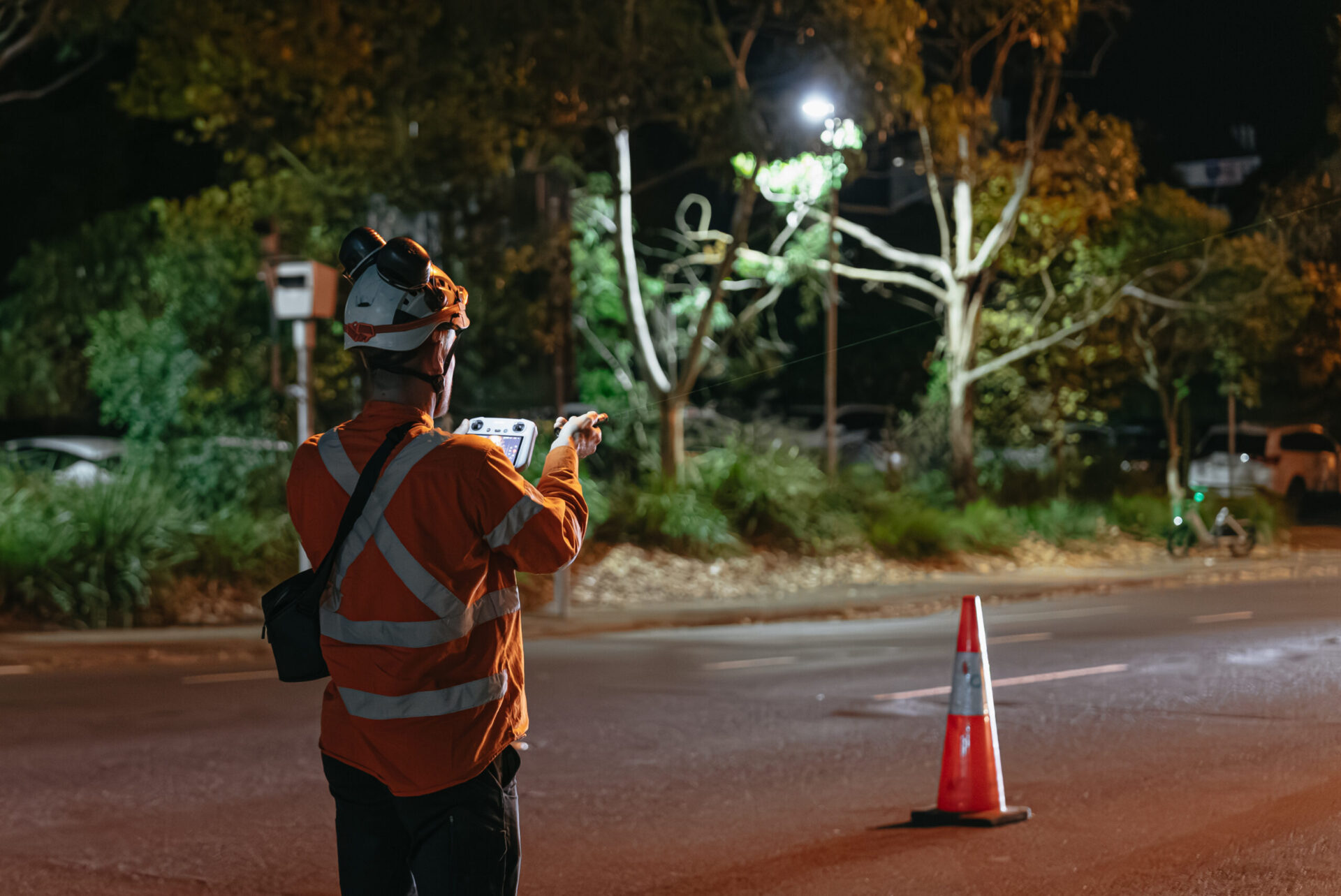 Arborists carrying out Sydney City night works for Transport for NSW under controlled traffic conditions.
